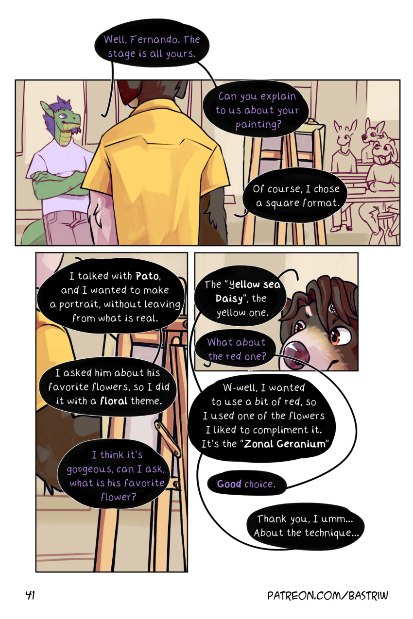 bastriw brown_eyes canid canine canis clothing comic dialogue domestic_dog fernando_(bastriw) hi_res male mammal reptile scalie text
