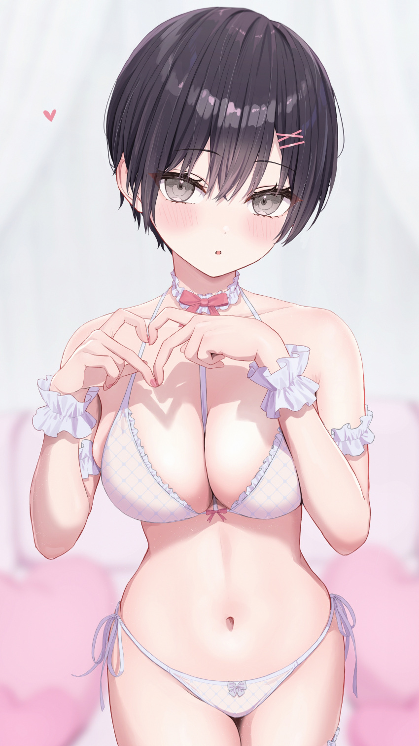 1girl :o absurdres arm_garter bare_shoulders black_hair blurry blurry_background blush bow bow_bra bow_panties bowtie bra breasts choker commentary_request crossed_bangs dot_nose fingernails frilled_choker frills grey_eyes hair_between_eyes hair_ornament hairclip hands_up heart heart-shaped_pillow heart_hands highres large_breasts legs_together looking_at_viewer nail_polish navel norio_(noriosub) original panties parted_lips pillow pink_bow pink_bowtie pink_nails shadow short_hair side-tie_panties solo stomach string_panties underwear underwear_only white_bra white_choker white_panties wrist_cuffs x_hair_ornament