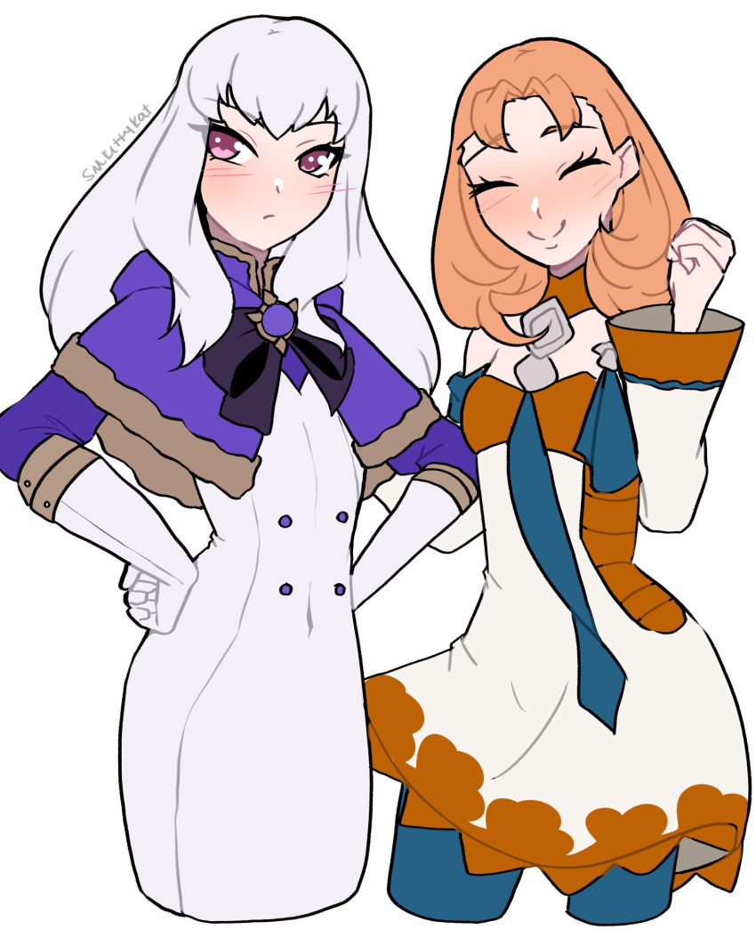 2girls alternate_costume annette_fantine_dominic cosplay costume_switch fire_emblem fire_emblem:_three_houses hands_on_own_hips happy highres looking_to_the_side lysithea_von_ordelia multiple_girls orange_hair pink_eyes smile smkittykat white_hair