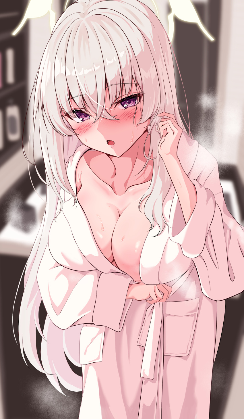 1girl absurdres bathrobe blue_archive blush breasts cleavage collarbone commentary_request cowboy_shot grey_hair hair_between_eyes halo highres japanese_clothes large_breasts long_hair looking_at_viewer naked_robe open_mouth purple_eyes robe sakurako_(blue_archive) solo tarako_(tarakopng) yellow_halo