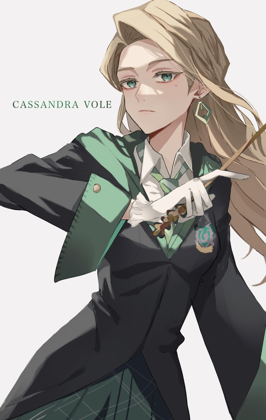 0404m 1girl blonde_hair cassandra_vole character_name closed_mouth commentary_request earrings green_eyes harry_potter:_magic_awakened harry_potter_(series) hat highres hogwarts_school_uniform holding holding_wand jewelry long_hair looking_at_viewer mole mole_under_eye school_uniform simple_background slytherin solo uniform wand white_background wizard_hat wizarding_world