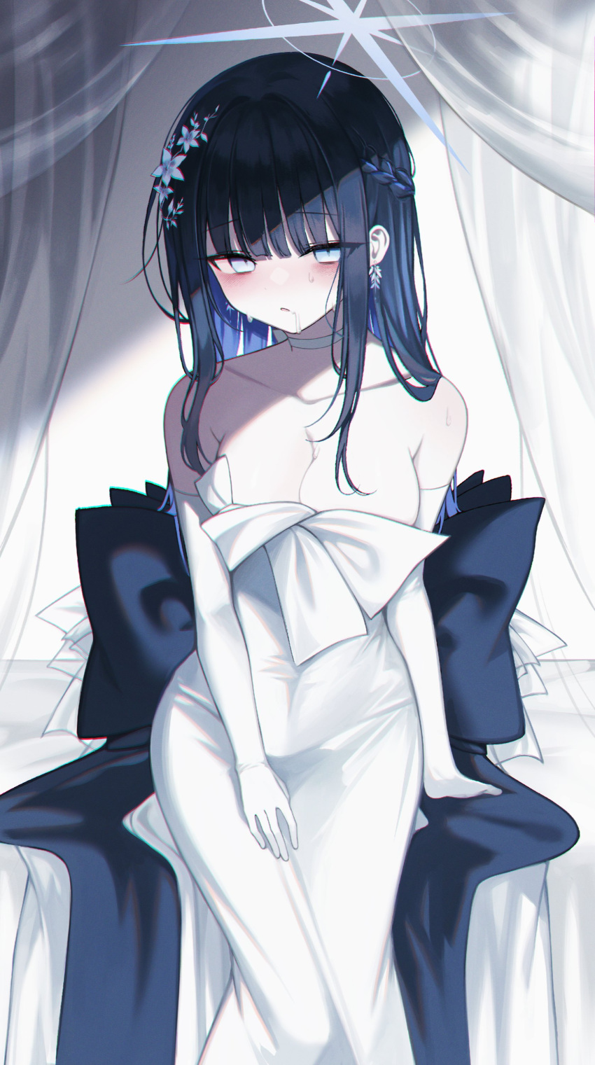 1girl absurdres black_hair blue_archive blue_eyes blue_flower blue_halo blush breasts choker cleavage collarbone dress earrings elbow_gloves feet_out_of_frame flower gloves hair_flower hair_ornament halo highres jewelry karou_(lhscck302) long_hair looking_at_viewer medium_breasts official_alternate_costume parted_lips saori_(blue_archive) saori_(dress)_(blue_archive) sitting solo white_choker white_dress white_gloves