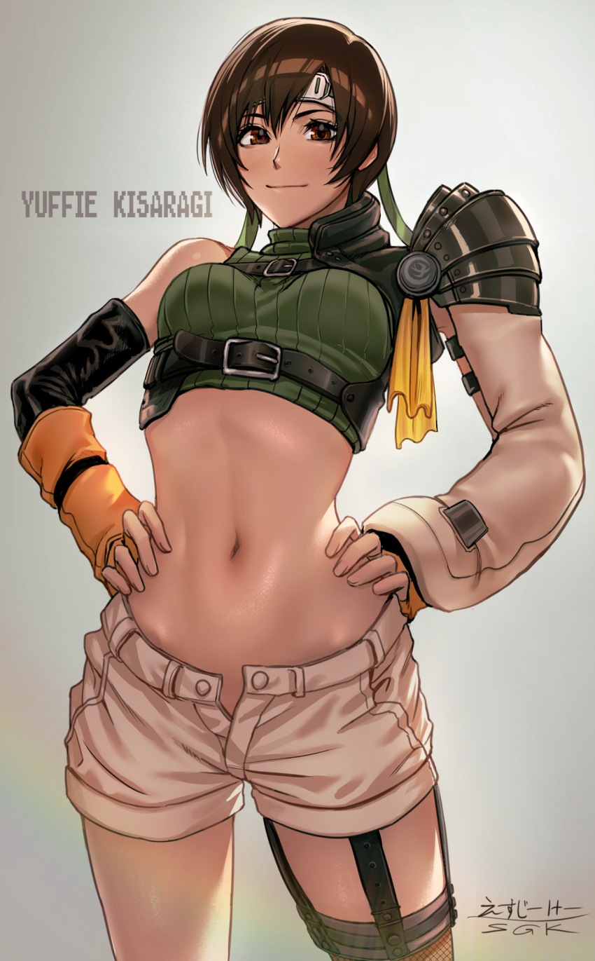 1girl black_hair blush breasts brown_eyes brown_hair character_name closed_mouth commentary_request cowboy_shot crop_top final_fantasy final_fantasy_vii final_fantasy_vii_remake fingerless_gloves fishnet_thighhighs fishnets forehead_protector gloves green_shirt groin hair_between_eyes hands_on_own_hips headband highres looking_at_viewer midriff navel open_fly revision sgk shirt short_hair short_shorts shorts sidelocks simple_background single_bare_shoulder single_sleeve single_thighhigh sleeveless sleeveless_turtleneck small_breasts smile solo standing stomach thighhighs turtleneck underbust white_shorts yuffie_kisaragi