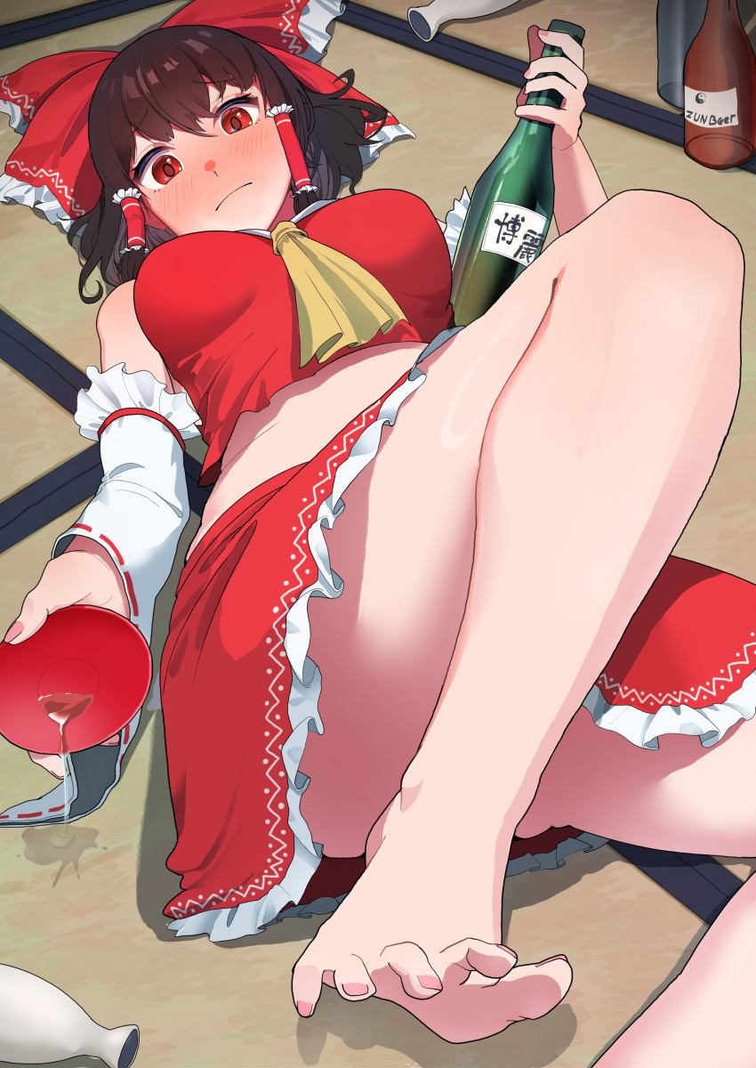 1girl absurdres ascot barefoot black_hair blush bottle bow breasts closed_mouth commentary_request cup frilled_skirt frills hair_bow hair_tubes hakurei_reimu highres holding holding_bottle holding_cup indoors looking_at_viewer red_bow red_eyes red_shirt red_skirt sakazuki shirt short_hair sidelocks skirt solo tokkuri touhou urizaku3 variant_set yellow_ascot
