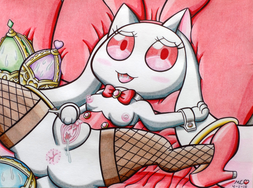 2018 anus breasts bunny_costume clothing costume easter female fishnet fishnet_legwear footwear fur high_heels holidays incubator_(species) jewelry kyubey legwear looking_at_viewer lying mahou_shoujo_madoka_magica mixed_media mukucookie on_back open_mouth pillow playboy_bunny pussy pussy_juice saliva saliva_string shoes solo soul_gem spread_legs spread_pussy spreading traditional_media_(artwork) white_fur