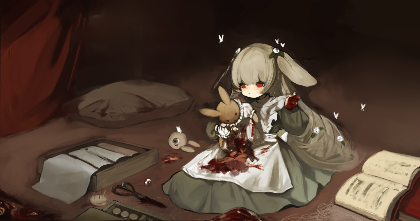 1girl :&lt; animal_ears apron blood blood_on_clothes blood_on_hands book box brown_background bug butterfly closed_mouth commentary dress eyeball floppy_ears flower frilled_apron frills green_dress hair_flower hair_ornament highres holding_sewing_needle light_brown_hair long_hair open_book original rabbit_ears red_eyes scissors sewing shirokujira sitting solo stuffed_animal stuffed_rabbit stuffed_toy thread very_long_hair white_apron white_butterfly white_flower