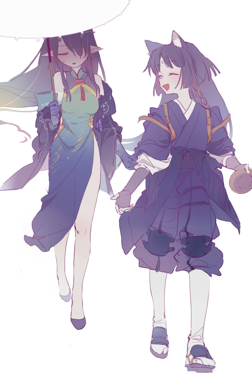 2girls :d absurdres animal_ears arknights bai98857 bare_shoulders black_hair black_kimono blue_dress braid breasts china_dress chinese_clothes chinese_commentary closed_eyes colored_skin commentary_request dog_ears dog_girl dragon_girl dress dusk_(arknights) dusk_(everything_is_a_miracle)_(arknights) earrings facing_another full_body geta gradient_dress green_dress green_hair hair_over_one_eye hand_on_another's_arm high_collar highres holding holding_umbrella japanese_clothes jewelry kimono light_blush long_hair multicolored_hair multiple_girls off_shoulder one_eye_covered open_mouth pantyhose parasol pelvic_curtain pointy_ears saga_(arknights) sandals shoes side_slit simple_background sketch sleeveless sleeveless_dress sleeves_pushed_up smile standing streaked_hair sweatdrop turning_head umbrella walking white_background white_pantyhose
