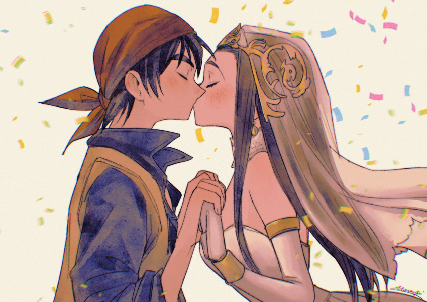 1boy 1girl bandana bare_shoulders black_hair blue_shirt blush bracelet closed_eyes coat commentary confetti couple dragon_quest dragon_quest_viii dress earrings elbow_gloves gloves gold_earrings hero_(dq8) hetero highres holding_hands jewelry kiss long_hair medea mouyi popped_collar princess red_bandana shirt short_hair sidelocks strapless strapless_dress symbol-only_commentary tiara upper_body veil white_dress white_gloves yellow_coat