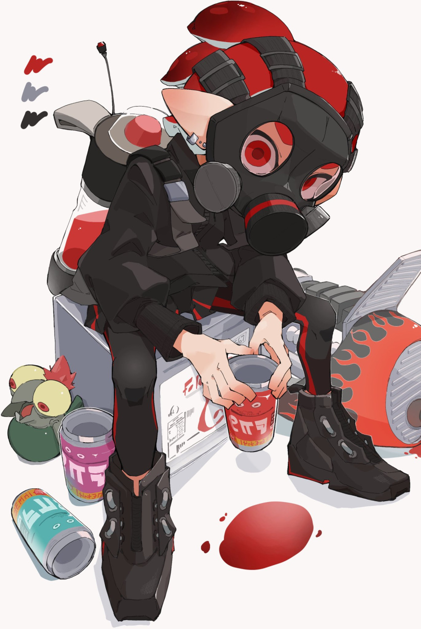 1boy black_footwear black_jacket black_leggings can color_guide commentary_request drink_can ear_piercing earrings gas_mask highres ink_tank_(splatoon) inkling inkling_boy inkling_player_character jacket jewelry leggings looking_at_viewer male_focus mask piercing pointy_ears range_blaster_(splatoon) red_eyes red_hair red_pupils shoes short_hair simple_background sitting smallfry_(splatoon) soda_can splatoon_(series) splatoon_3 tentacle_hair tyinkama white_background