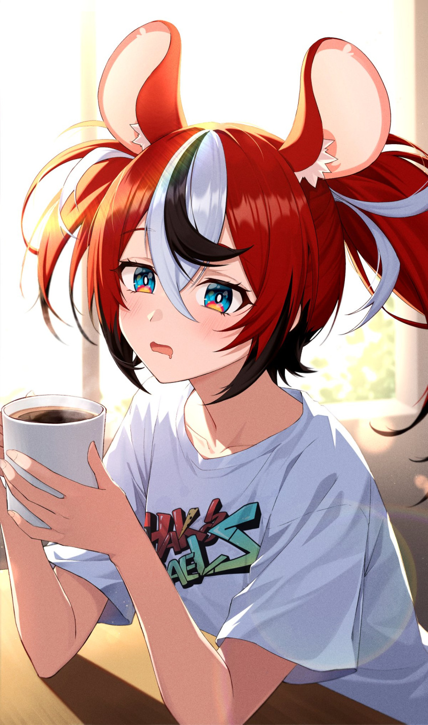 1girl alternate_costume animal_ears black_hair blue_eyes blush clothes_writing coffee_cup corsetman cup disposable_cup drooling hakos_baelz highres holding holding_cup hololive hololive_english long_hair looking_at_viewer mouse_ears mouse_girl mouth_drool multicolored_hair open_mouth red_hair shirt solo streaked_hair twintails virtual_youtuber white_hair white_shirt