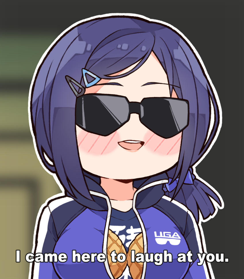 1girl a-chan_(3rd_costume)_(hololive) a-chan_(hololive) blue_hair blush_stickers bread breast_padding english_commentary english_text food gundam hair_ornament hairclip highres hololive i_came_here_to_laugh_at_you_(meme) jacket kukie-nyan low_ponytail medium_hair melon_bread meme official_alternate_costume official_alternate_hairstyle open_mouth print_jacket print_shirt purple_jacket purple_shirt shirt short_ponytail smile solo sunglasses swept_bangs teeth track_jacket upper_body upper_teeth_only virtual_youtuber zeta_gundam