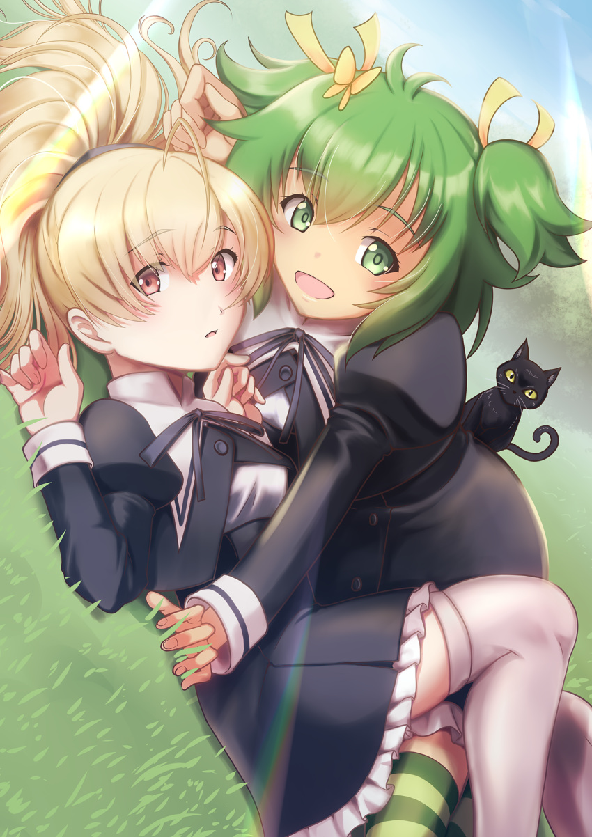 2girls andou_tazusa assault_lily black_cat blonde_hair cat girl_on_top grass green_eyes green_hair highres looking_at_viewer lying_on_person mimkai multiple_girls open_mouth red_eyes school_uniform shaft short_hair smile striped_clothes striped_thighhighs thighhighs white_thighhighs yoshimura_thi_mai yuri yurigaoka_girls_academy_school_uniform