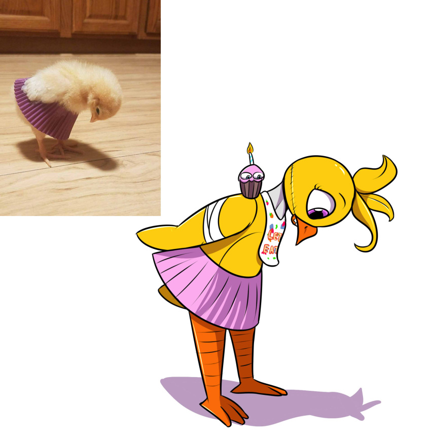 2021 ambiguous_gender animate_inanimate anthro avian beak bib bird bottomwear chica_(fnaf) chicken clothed clothing cupcake_(fnaf) duo english_text female five_nights_at_freddy's five_nights_at_freddy's_2 galliform gallus_(genus) hi_res looking_at_self machine phasianid reference_image robot scottgames simple_background skirt standing text white_background yellow_body zebastian