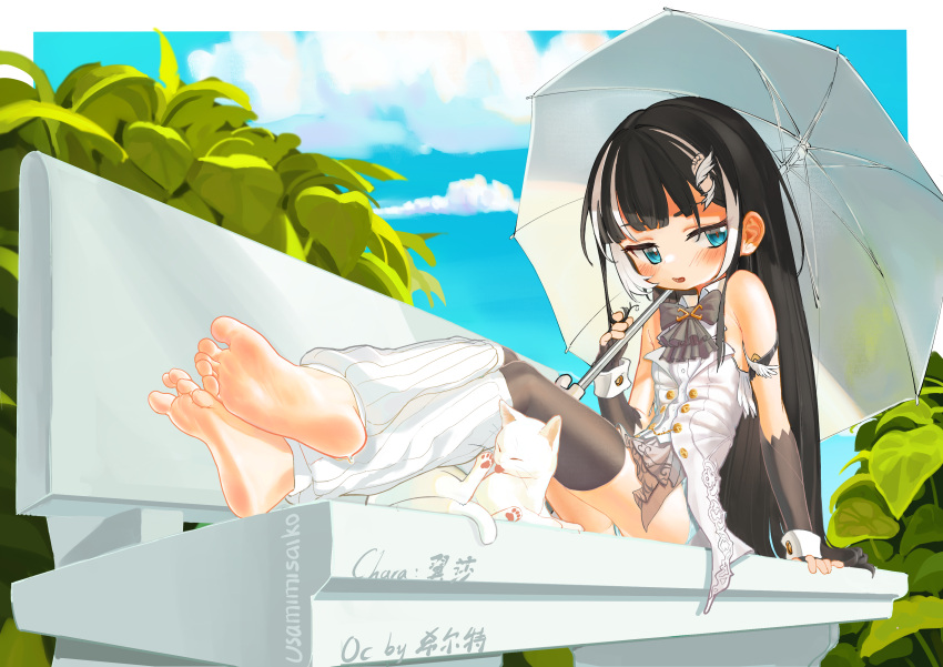 1girl absurdres barefoot bench black_hair blue_eyes blue_sky blush cat feet flat_chest hair_ornament hairpin highres long_hair multicolored_hair on_bench original signature sky soles toes two-tone_hair umbrella usamimisaiko white_cat