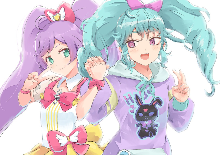 2girls blue_hair bow closed_mouth detached_sleeves green_eyes hair_bow hands_up highres holding_hands hood hoodie idol_clothes idol_land_pripara katasumi_amari long_hair long_sleeves looking_at_another looking_at_viewer manaka_laala multiple_girls okiru open_mouth pink_bow pink_eyes pretty_series pripara puffy_detached_sleeves puffy_sleeves purple_hair purple_hoodie simple_background smile standing treble_clef twintails upper_body v very_long_hair white_background