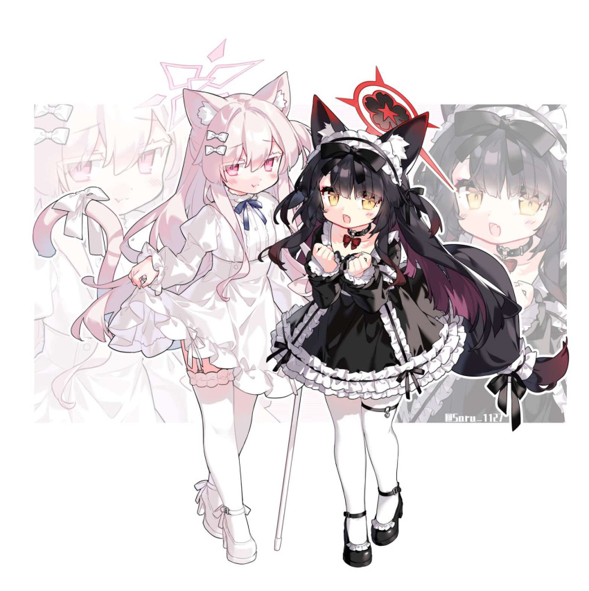 2girls akira_(blue_archive) animal_ear_fluff animal_ears black_dress black_footwear black_hair blue_archive blush cat_ears cat_tail closed_mouth dress fox_ears fox_tail gothic_lolita halo highres lolita_fashion long_hair long_sleeves multiple_girls open_mouth pantyhose pink_halo red_eyes red_halo saru shoes smile tail thighhighs wakamo_(blue_archive) white_dress white_footwear white_hair white_pantyhose white_thighhighs yellow_eyes zoom_layer