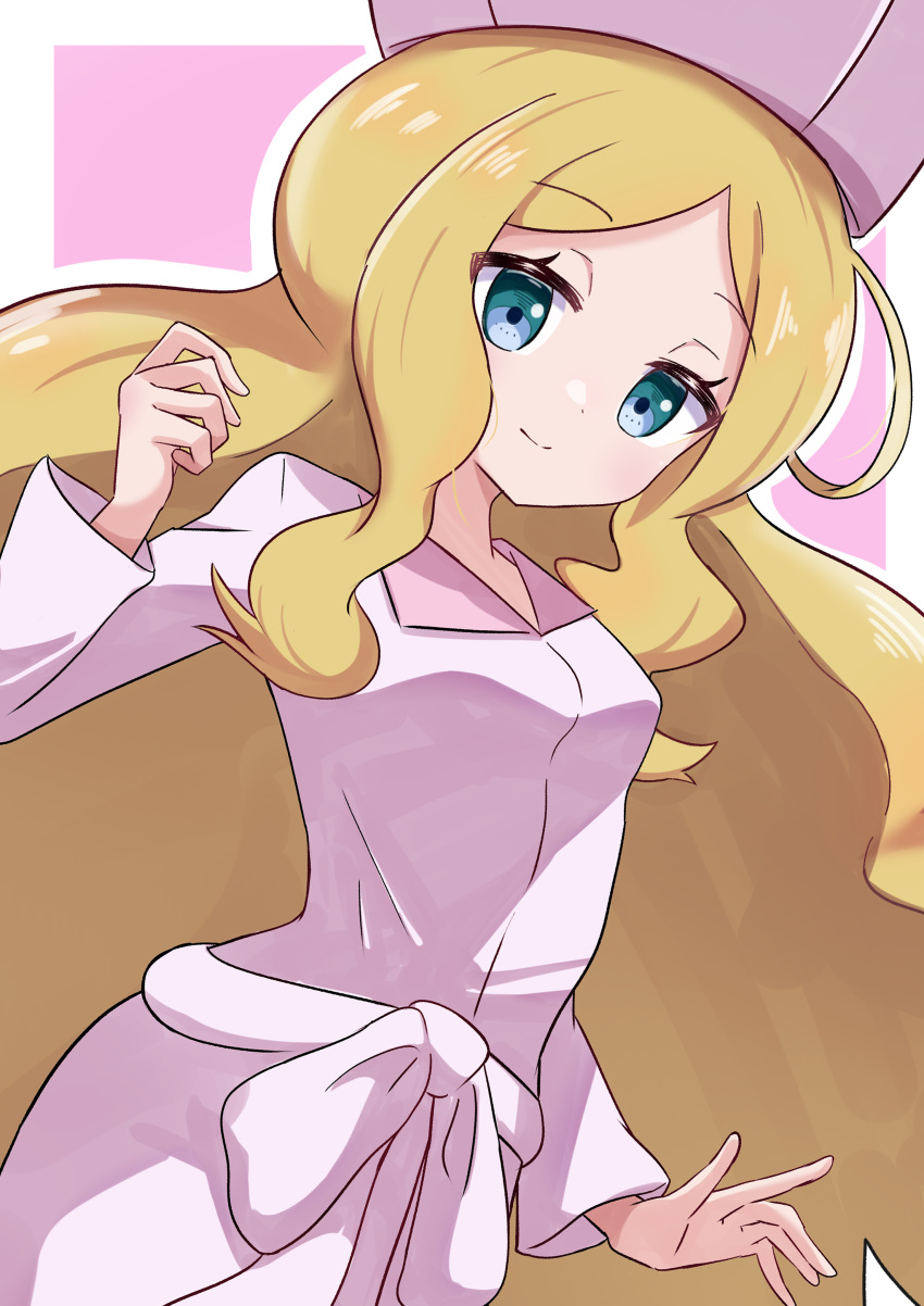 1girl absurdres blue_eyes caitlin_(pokemon) closed_mouth dress hat highres long_hair long_sleeves looking_at_viewer outline parted_bangs pink_dress pink_headwear pokemon pokemon_bw rono_(lethys) smile solo very_long_hair white_outline