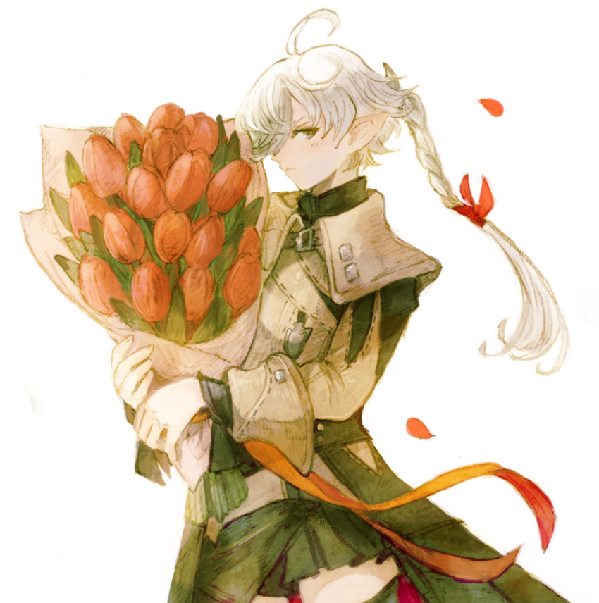 1girl ahoge alisaie_leveilleur black_skirt blue_eyes bouquet braid braided_ponytail brown_jacket commentary cowboy_shot elezen elf falling_petals final_fantasy final_fantasy_xiv flower from_side frown hair_between_eyes hair_ribbon highres holding holding_bouquet jacket long_hair long_sleeves looking_at_viewer peppermint_jet petals pointy_ears red_flower red_ribbon red_tulip ribbon sideways_glance simple_background single_braid skirt solo standing tulip white_background white_hair