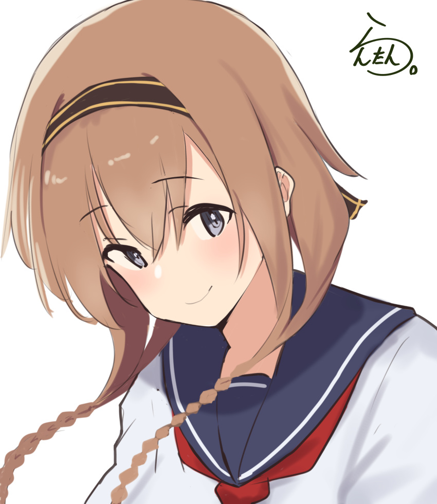 1girl absurdres alternate_costume artist_logo artist_name black_headband blue_sailor_collar braid brown_hair grey_eyes headband highres kantai_collection lanthan long_hair neckerchief one-hour_drawing_challenge red_neckerchief sailor_collar sailor_shirt school_uniform serafuku shirt signature simple_background smile solo teruzuki_(kancolle) twin_braids white_background white_shirt