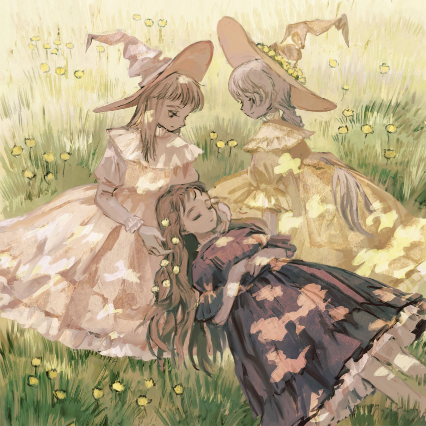 3girls blonde_hair braid brown_eyes brown_hair closed_eyes collar dappled_sunlight dress flower flower_wreath frilled_collar frilled_dress frilled_sleeves frills grass hair_flower hair_ornament hat head_wreath highres lap_pillow long_hair long_sleeves lying meadow multiple_girls on_back on_grass puffy_sleeves purple_dress resting short_sleeves single_braid sitting sunlight tono_(rt0no) wavy_hair white_dress witch witch_hat yellow_dress yellow_flower