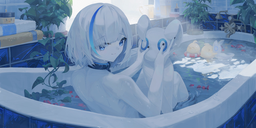 1girl azur_lane bathing bathroom bathtub black_nails blue_eyes blue_hair colored_skin day full_body hair_over_one_eye hands_up highres holding holding_stuffed_toy indoors knees_up looking_at_viewer looking_back manjuu_(azur_lane) medium_hair multicolored_hair nail_polish naycot nude pale_skin smile solo streaked_hair stuffed_toy sunlight tb_(azur_lane) two-tone_hair white_hair white_skin