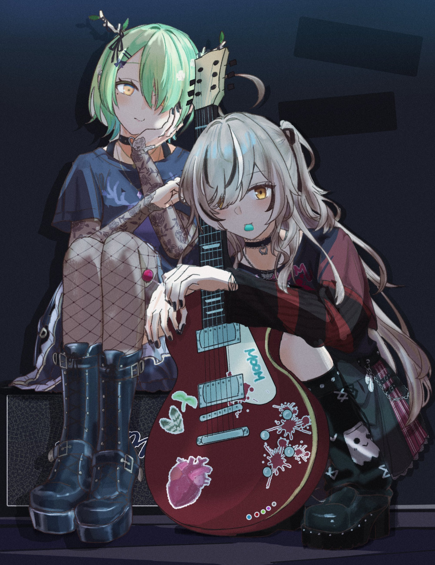 2girls absurdres ahoge antler_ribbon antlers belt belt_chain black_background black_choker black_leg_warmers black_nails black_shirt black_skirt black_sweater boots brown_eyes brown_hair ceres_fauna ceres_fauna_(4th_costume) choker electric_guitar emo_fashion feathers fishnets friend_(nanashi_mumei) gibson_les_paul goth_fashion green_hair guitar hair_over_one_eye hand_on_own_face heart heart_(organ) heart_choker heart_o-ring highres holding holding_guitar holding_instrument hololive hololive_english horns huge_ahoge instrument lace-trimmed_choker lace_sleeves lace_trim long_hair looking_at_viewer mole mole_under_eye multicolored_hair multiple_girls nanashi_mumei nanashi_mumei_(4th_costume) o-ring o-ring_choker official_alternate_costume official_alternate_hairstyle one_side_up platform_boots platform_footwear pleated_skirt plectrum red_sweater sapling shirt short_hair skirt smile splatter sticker streaked_hair striped_clothes striped_sweater sweater sweater_under_shirt sytiny t-shirt torn_clothes torn_sweater tree_horns two-tone_sweater very_long_hair virtual_youtuber yellow_eyes