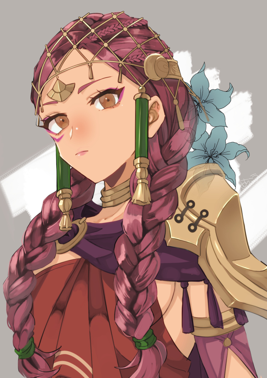 1girl braid brown_eyes closed_mouth dark-skinned_female dark_skin facial_mark fire_emblem fire_emblem:_three_houses fire_emblem_warriors:_three_hopes flower highres looking_at_viewer petra_macneary purple_hair solo twin_braids yachimata_1205