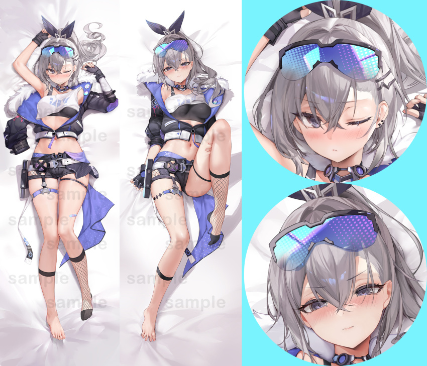 1girl black_gloves black_ribbon black_shorts black_socks blush breasts daefny dakimakura_(medium) ear_piercing fingerless_gloves fishnet_socks fishnets fur-trimmed_jacket fur_trim gloves goggles goggles_on_head grey_hair hair_between_eyes hair_ornament hair_ribbon hairclip highres honkai:_star_rail honkai_(series) jacket looking_at_viewer lying medium_breasts multiple_views on_back one_eye_closed open_clothes piercing ponytail ribbon sample_watermark shorts silver_wolf_(honkai:_star_rail) single_sock socks watermark