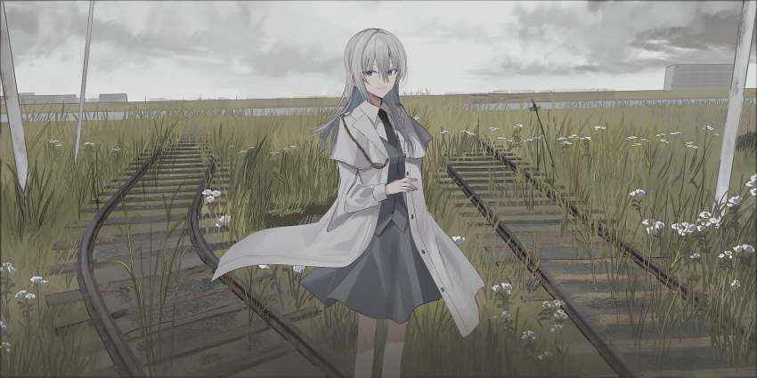 1girl absurdres black_necktie blue_eyes chihuri closed_mouth cloud cloudy_sky collared_shirt commentary_request ende_(chihuri) feet_out_of_frame flower grass grey_hair grey_skirt grey_vest hair_between_eyes highres jacket long_hair long_sleeves looking_at_viewer necktie open_clothes open_jacket original outdoors railroad_tracks shirt skirt sky smile solo standing vest white_flower white_jacket white_shirt