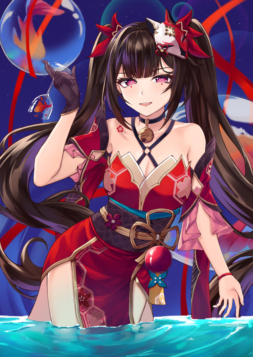 1girl :d absurdres arm_at_side bare_shoulders bell black_choker black_gloves blush bow breasts brown_hair choker cleavage collarbone cowboy_shot cup dress drinking_glass fish floating_hair fox_mask gloves hair_bow highres holding holding_cup honkai:_star_rail honkai_(series) large_breasts legs_together long_hair looking_at_viewer mask mask_on_head neck_bell obi open_hand open_mouth pelvic_curtain pink_eyes red_bow sash sidelocks single_glove sleeveless sleeveless_dress smile solo sparkle_(honkai:_star_rail) star_(sky) tapume twintails very_long_hair wading water_drop wine_glass