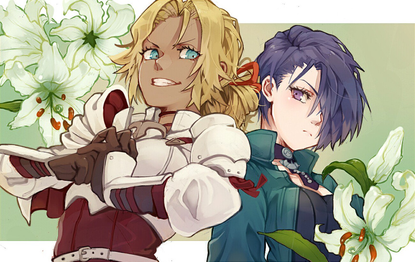 2girls armor blonde_hair blue_eyes brown_eyes brown_gloves catherine_(fire_emblem) fire_emblem fire_emblem:_three_houses flower gloves green_jacket jacket multiple_girls parted_bangs ponytail shamir_nevrand upper_body white_armor yachimata_1205