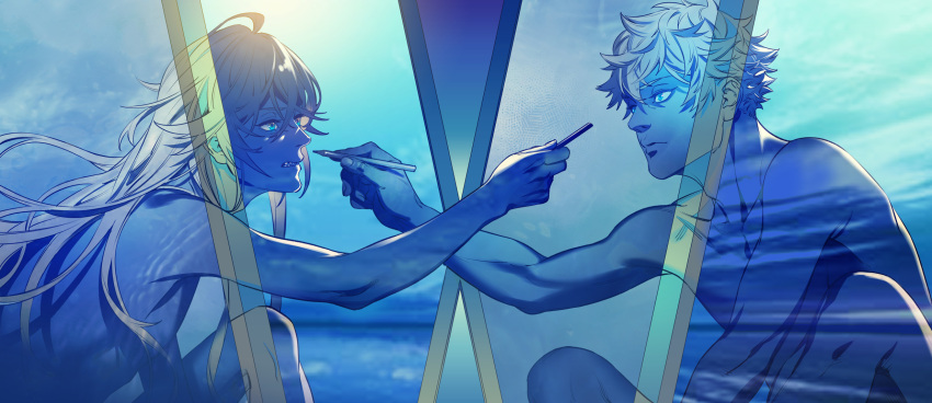 2boys akakokko_(niro_azarashi) ayukawa_ryuuji blue_eyes blue_period blue_theme collarbone grimace hair_between_eyes highres holding holding_pen long_hair male_focus multiple_boys nude parted_lips pen reaching_towards_another short_hair sitting yaguchi_yatora