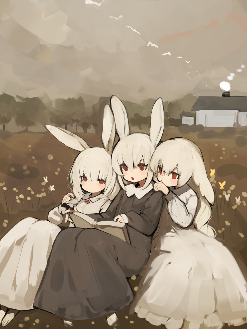3girls :o absurdres animal_ears animal_feet black_bow black_dress book bow bowtie braid bug building butterfly chimney closed_mouth commentary dot_mouth dot_nose dress floppy_ears grey_hair hair_bow hand_on_another's_shoulder highres long_sleeves multiple_girls open_book open_mouth original outdoors playing_with_own_hair rabbit_ears reading red_eyes shirokujira simple_bird sitting tree white_dress white_hair yellow_butterfly