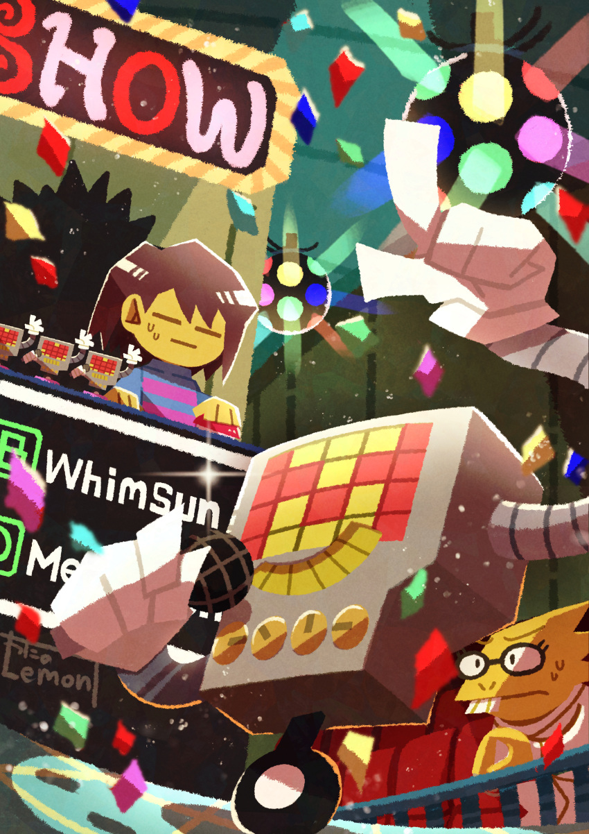 1girl 1other :| =_= absurdres alphys androgynous artist_name blue_sweater brown_hair child closed_eyes closed_mouth colored_skin commentary_request confetti disco_ball frisk_(undertale) from_below glasses gloves highres holding holding_microphone index_finger_raised indoors mettaton microphone railing red_button robot round_eyewear short_hair sign sparkle spotlight sweat sweater undertale watawata22 white_gloves yellow_skin