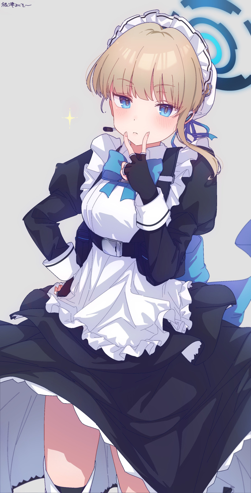 1girl absurdres apron back_bow black_dress black_gloves blonde_hair blue_archive blue_bow blue_eyes blue_halo blue_ribbon blush bow bowtie bun_cover chest_harness closed_mouth dress earpiece fingerless_gloves frilled_apron frills gloves hair_bun hair_ribbon halo harness highres maid maid_headdress multicolored_hair ribbon short_hair solo streaked_hair toki_(blue_archive) v waist_apron white_apron white_headdress yoku_soy