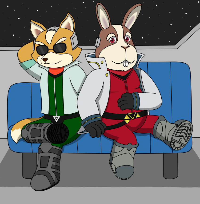 2024 absurd_res anthro belt boots brown_body brown_fur buckteeth canid canine cel_shading clothed clothing coat duo eyewear footwear fox fur furniture gloves handwear hare hi_res james_mccloud lagomorph leporid looking_at_viewer male mammal nintendo on_sofa orange_body orange_fur peppy_hare rabbit reggie_rakun shaded sitting sitting_on_sofa smile smiling_at_viewer sofa space star_fox sunglasses tail teeth topwear window