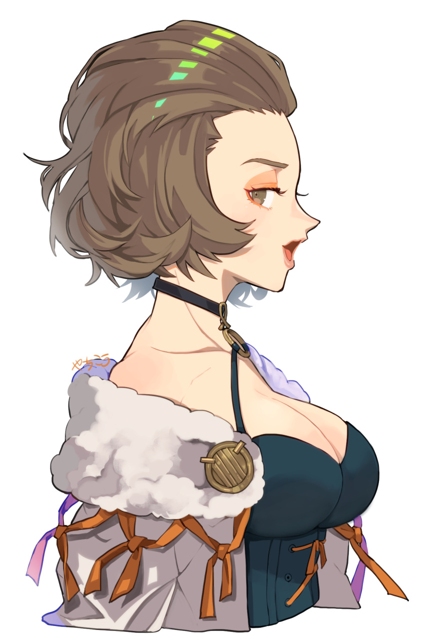 1girl black_choker breasts choker eyeshadow fire_emblem fire_emblem:_three_houses from_side hair_slicked_back highres large_breasts lipstick looking_at_viewer makeup manuela_casagranda orange_eyeshadow orange_lips solo yachimata_1205