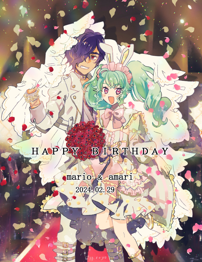 1boy 1girl blue_hair bouquet bow bridal_veil bride character_name coyo_(pp_coyo) dark-skinned_male dark_skin dress drill_hair flower frilled_dress frills groom hair_over_one_eye hand_up happy_birthday hetero highres holding holding_bouquet husband_and_wife idol_land_pripara jacket katasumi_amari long_hair long_sleeves looking_at_viewer open_mouth pants petals pink_bow pink_eyes pretty_series pripara red_carpet red_eyes red_flower short_hair smile standing twin_drills twintails veil very_long_hair wedding white_dress white_jacket white_pants