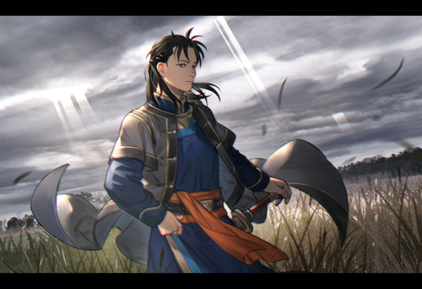 1boy akakokko_(niro_azarashi) arslan_senki black_hair blue_tunic braid closed_mouth coat field grey_coat grey_eyes grey_sky highres jimsa_(arslan_senki) letterboxed light_rays long_hair long_sleeves looking_ahead male_focus outdoors sky solo sunbeam sunlight sword weapon