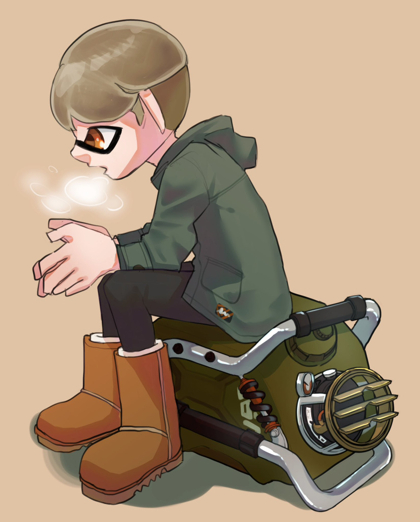 1boy black_pants boots breath brown_background brown_eyes brown_footwear brown_hair commentary_request explosher_(splatoon) full_body green_jacket highres inkling inkling_boy inkling_player_character jacket male_focus nastar_r0 pants short_hair simple_background sitting solo splatoon_(series) splatoon_3