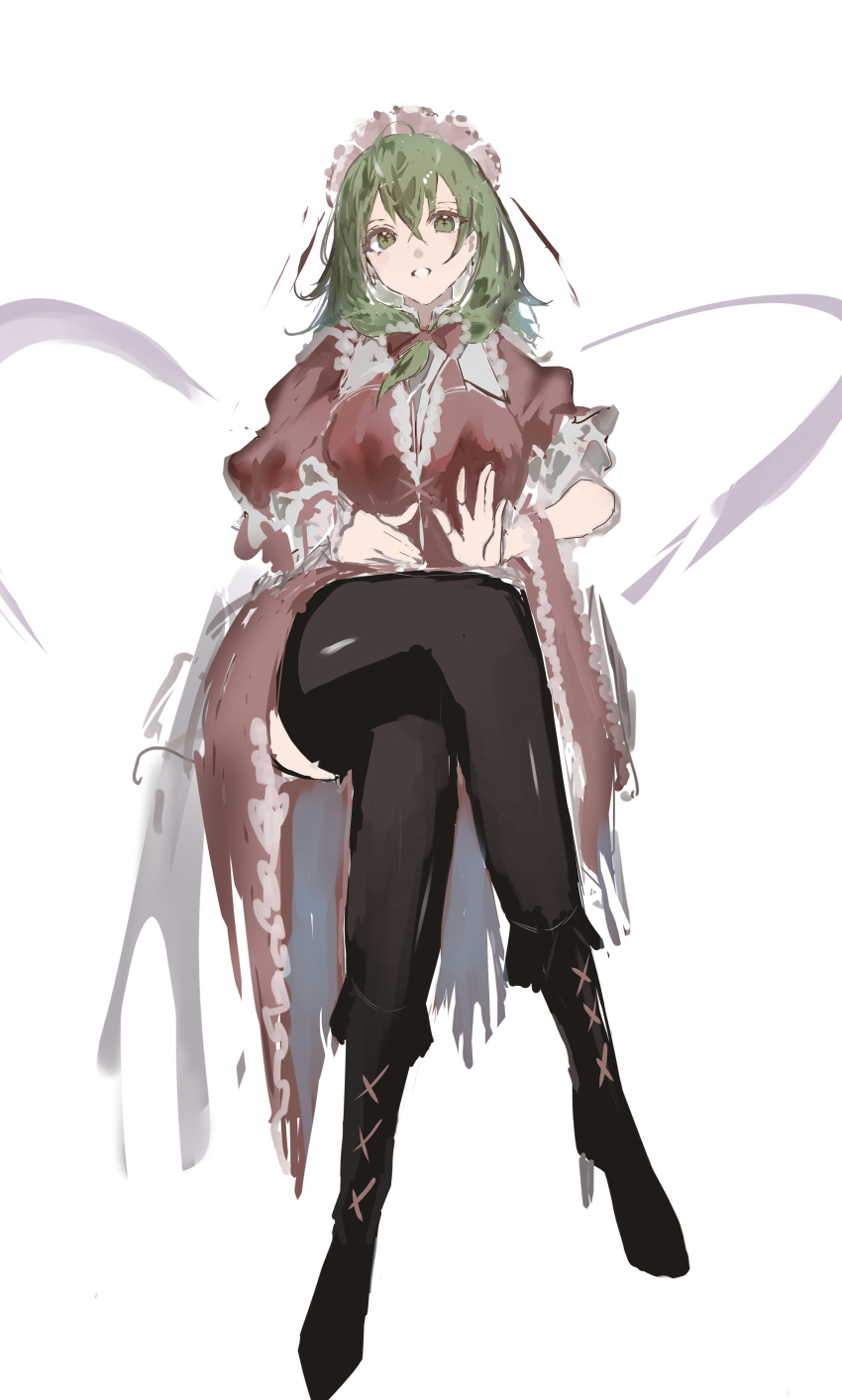 1girl absurdres black_footwear black_thighhighs boots breasts cross-laced_footwear crossed_legs dress frilled_dress frilled_sleeves frills front_ponytail green_eyes green_hair highres kagiyama_hina looking_at_viewer po_(anhk5528) puffy_short_sleeves puffy_sleeves short_sleeves simple_background sitting smile solo thighhighs thighs touhou white_background