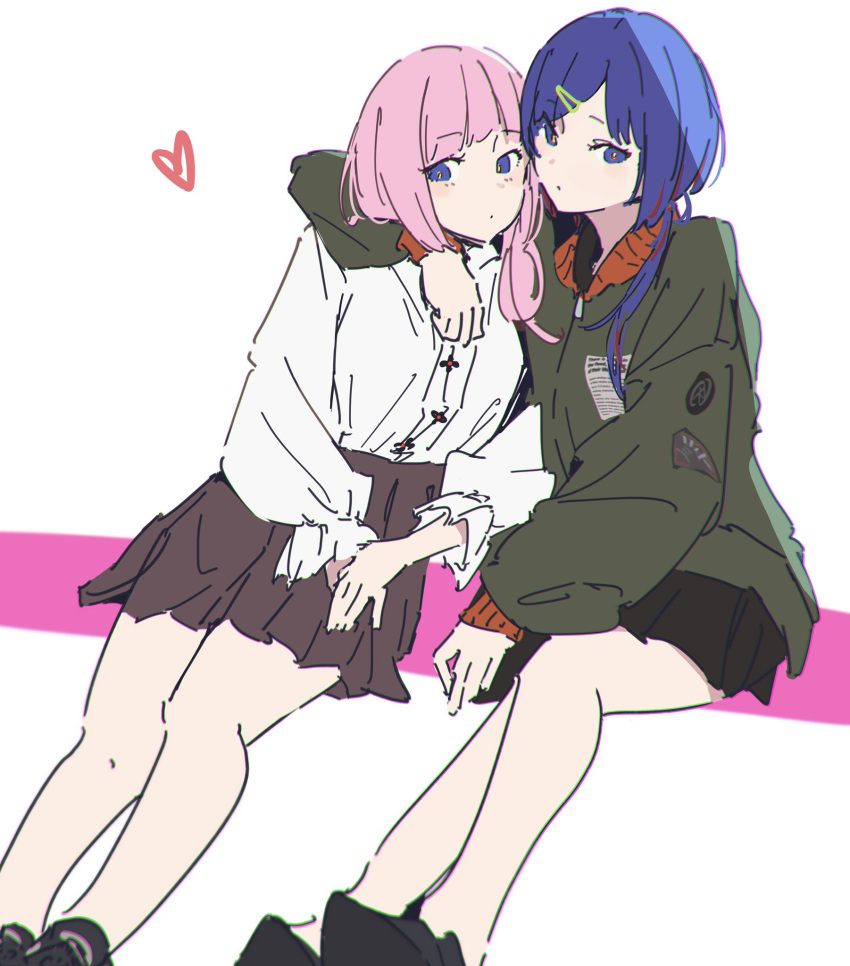 2girls arm_around_neck atenaba black_footwear black_skirt blue_eyes blue_hair brown_skirt green_jacket heart highres jacket kaf_(kamitsubaki_studio) kamitsubaki_studio long_sleeves multicolored_hair multiple_girls pink_background pink_hair pleated_skirt red_hair rim_(kamitsubaki_studio) shirt shirt_tucked_in skirt streaked_hair twintails two-tone_background white_background white_shirt yellow_eyes