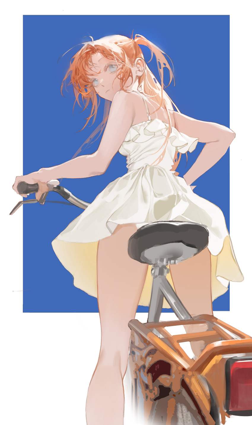 1girl absurdres at_wang bare_legs bicycle blue_eyes dress earrings expressionless from_behind highres jewelry long_hair looking_at_viewer looking_back orange_hair original panties riding riding_bicycle short_dress simple_background solo standing summer underwear white_dress white_panties