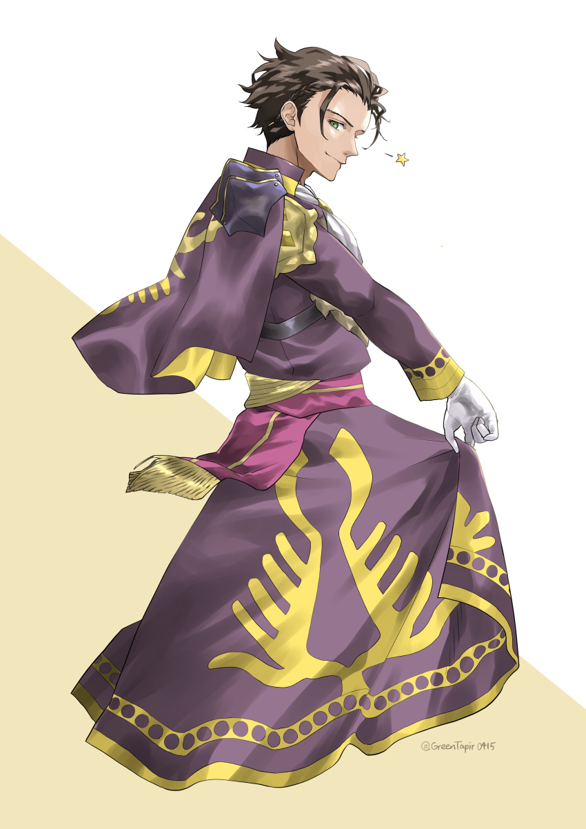 1boy absurdres artist_name brown_hair capelet claude_von_riegan closed_mouth commentary_request fire_emblem fire_emblem:_three_houses fire_emblem_warriors:_three_hopes full_body gloves gold_trim green_eyes highres long_skirt male_focus midori_no_baku purple_capelet purple_skirt short_hair skirt smile solo star_(symbol) twitter_username two-tone_background white_background white_gloves yellow_background