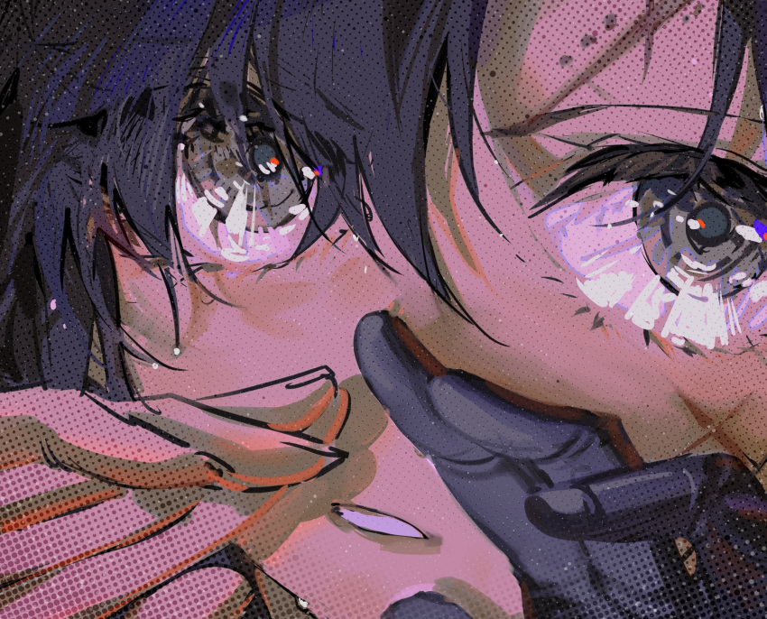 1girl angelia_(girls'_frontline) blue_hair blueblossom close-up commentary dark_blue_hair english_commentary girls'_frontline grey_eyes hands_on_own_face highres looking_at_viewer mechanical_hands scar scar_on_face scar_on_forehead single_mechanical_hand solo teeth