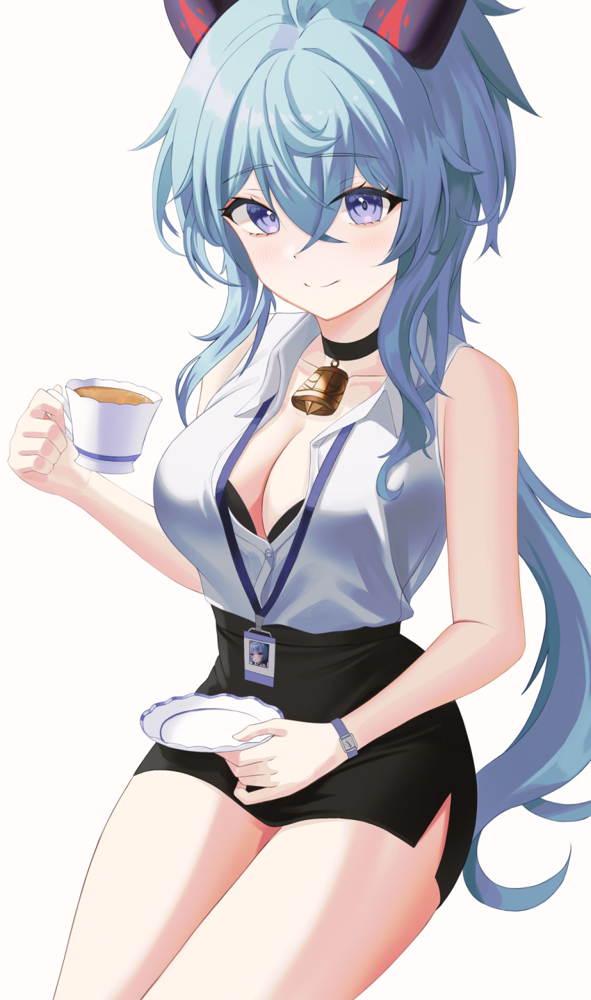 1girl alternate_costume bare_arms bare_shoulders bell black_bra black_choker black_skirt blue_eyes blue_hair bra breasts buttons choker cleavage closed_mouth collared_shirt cowbell cup dress_shirt ganyu_(genshin_impact) genshin_impact goat_horns high-waist_skirt highres holding holding_cup horns id_card lanyard large_breasts long_hair looking_at_viewer low_ponytail miniskirt nersiyan office_lady partially_unbuttoned pencil_skirt saucer shirt shirt_tucked_in sitting skirt sleeveless sleeveless_shirt smile solo thighs underwear very_long_hair watch white_shirt wristwatch