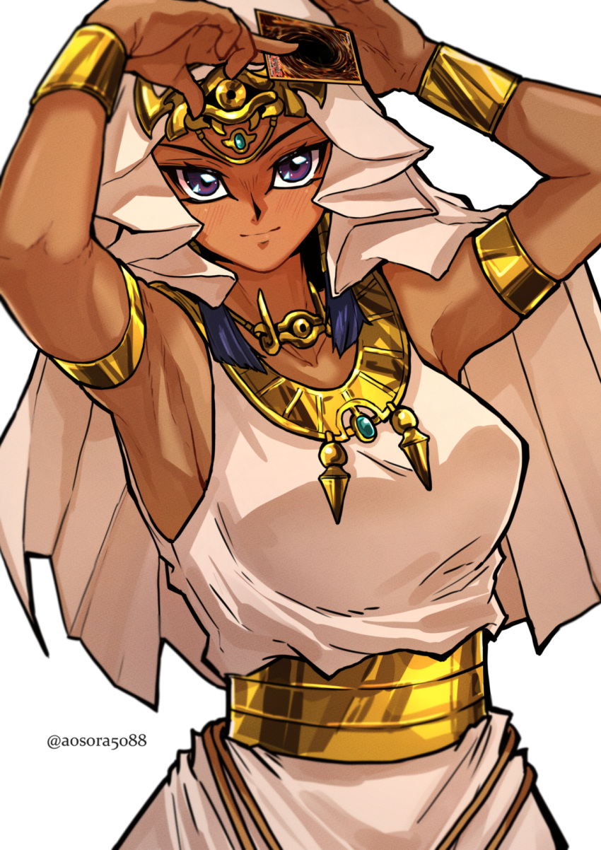 1girl aosora2823 armlet armpits artist_name bracelet card dark-skinned_female dark_skin egyptian gold highres holding holding_card ishizu_ishtar jewelry millennium_necklace simple_background solo upper_body white_background yu-gi-oh! yu-gi-oh!_duel_monsters