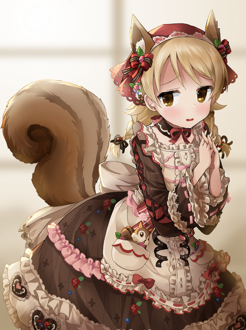 1girl animal animal_ear_fluff animal_ears animal_in_clothes blurry blurry_background blush bow braid brown_eyes brown_ribbon chocolate_print cowboy_shot dress embarrassed food_print frilled_dress frilled_skirt frilled_sleeves frills highres idolmaster idolmaster_cinderella_girls interlocked_fingers looking_at_viewer michii_yuuki morikubo_nono open_mouth own_hands_together red_bow red_ribbon ribbon skirt solo squirrel squirrel_ears squirrel_girl squirrel_tail strawberry_print tail twin_braids