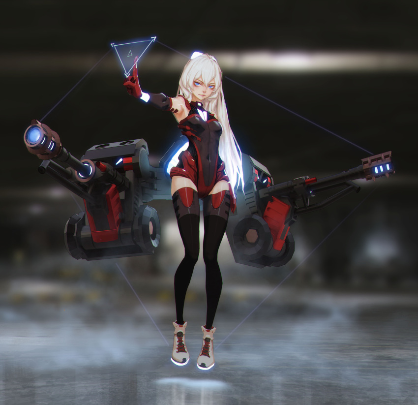 aiming black_legwear blue_eyes boots breasts cannon combat_boots commentary covered_navel dual_wielding elbow_gloves full_body gloves glowing grey_hair hairpods highres holding holographic_monitor leotard long_hair mecha_musume original red_gloves rui_li small_breasts solo thighhighs zettai_ryouiki