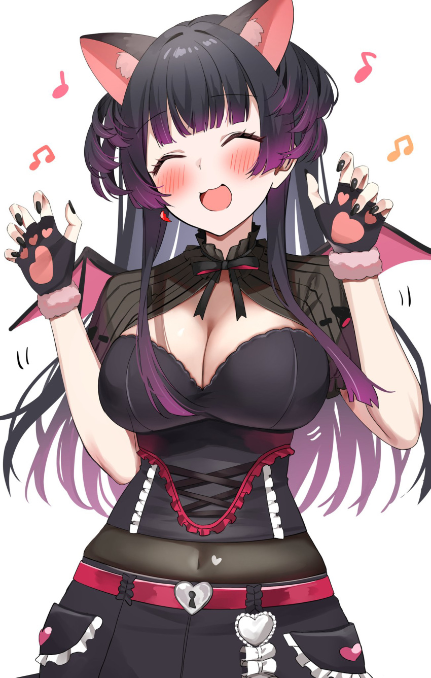 1girl ^_^ animal_ears black_gloves black_hair blush breasts cat_ears cleavage closed_eyes covered_navel fingerless_gloves fingernails fur-trimmed_gloves fur_trim gawawawa gloves gradient_hair highres idolmaster idolmaster_shiny_colors large_breasts long_hair mayuzumi_fuyuko multicolored_hair musical_note nail_polish navel purple_hair simple_background smile solo very_long_hair white_background